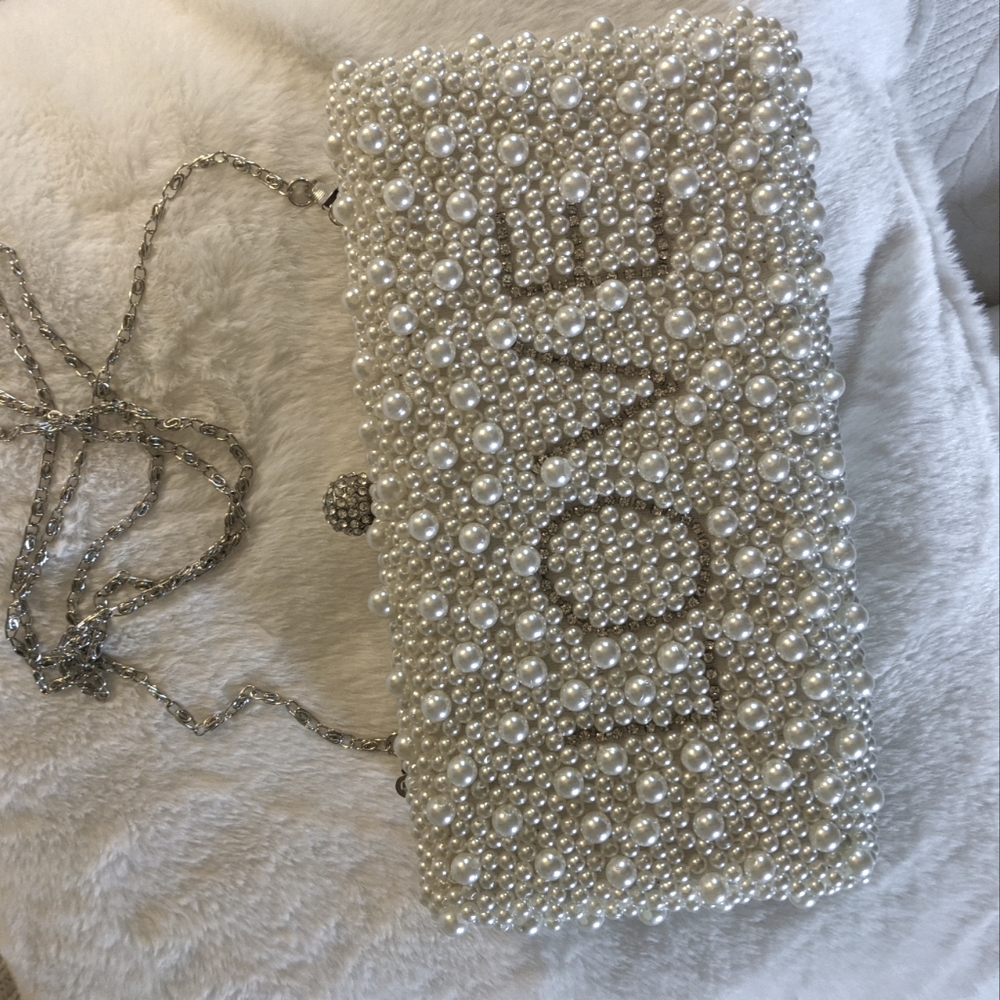 White & Silver Wedding clutch, purse on chain.
